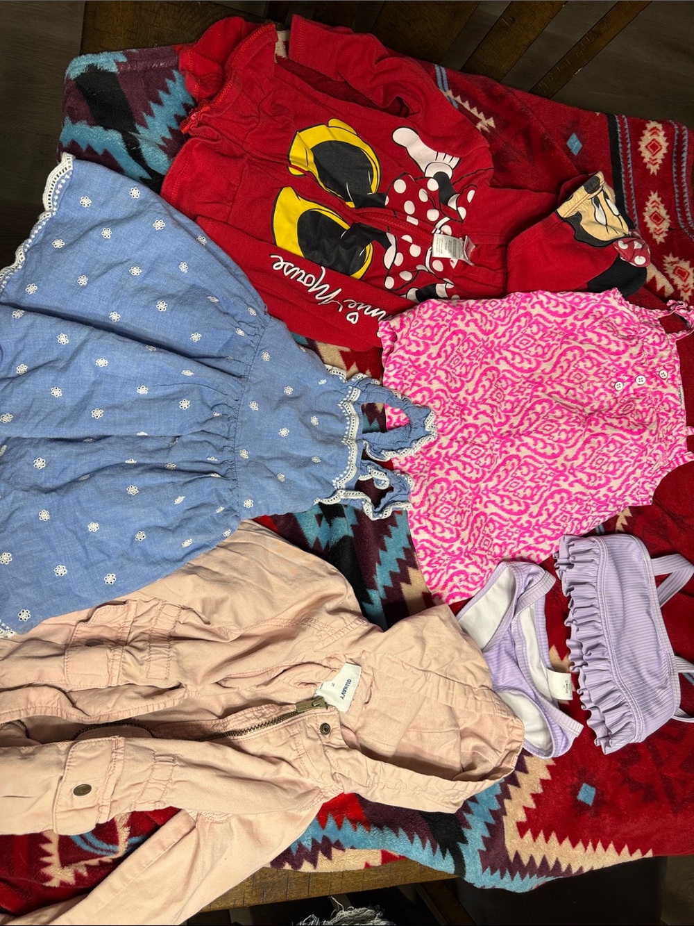 Girls Clothing Lot - Minnie Red Hoodie, Blue Dress, pink top, bathing suit